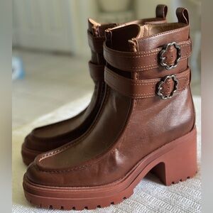 Sam & Libby Brown Leather Ankle Boots chunky dark silver hardware size 9 1/2